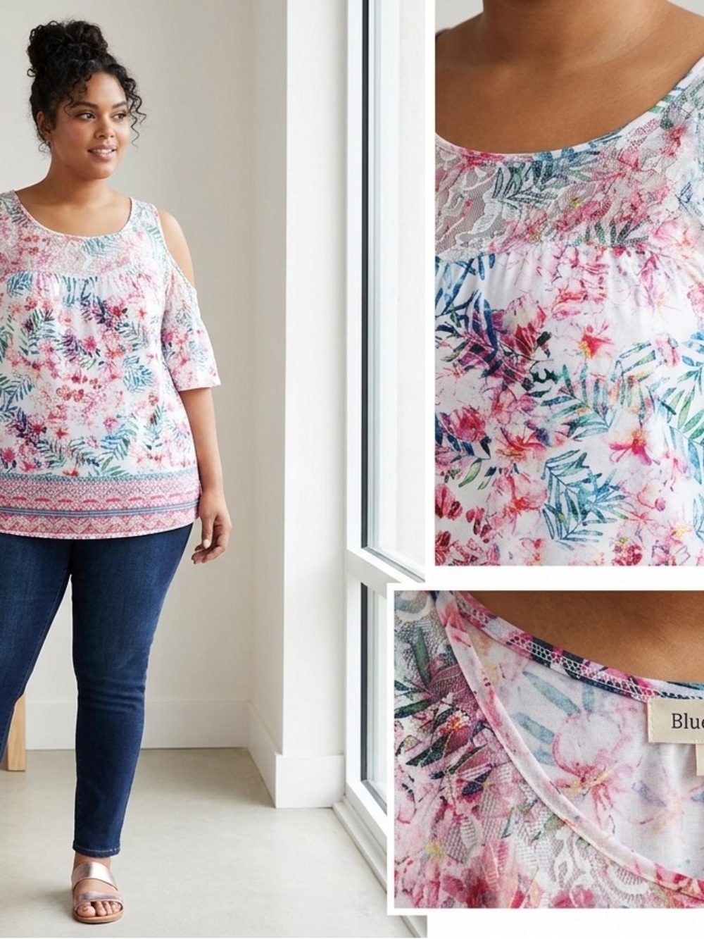Floral Cold-Shoulder Blouse in White and Pink Blue Mood 2XL